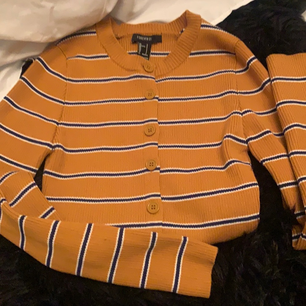 Cardigan Sweater Mustard Yellow with Stripes